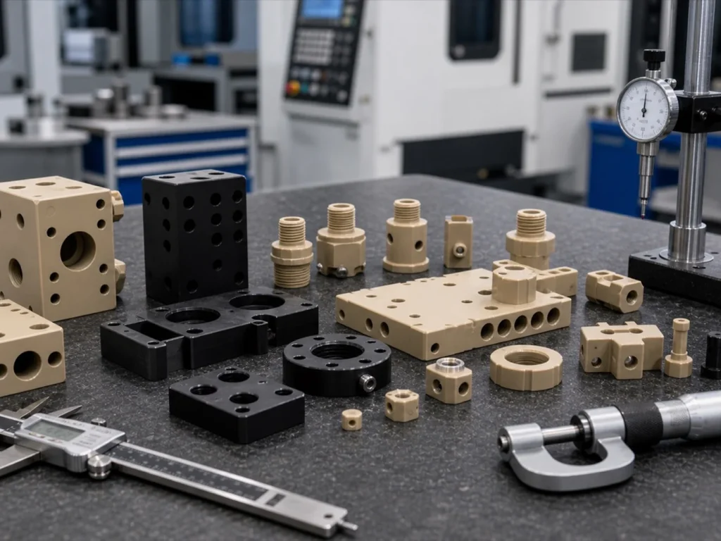 PEEK CNC machined plastic parts on inspection workbench