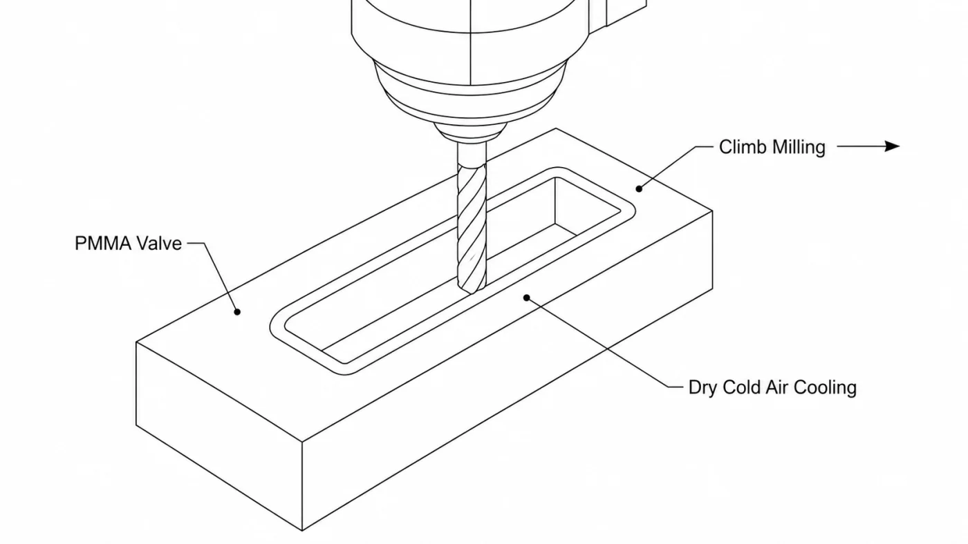 PMMA valve CNC climb milling with dry cold air cooling