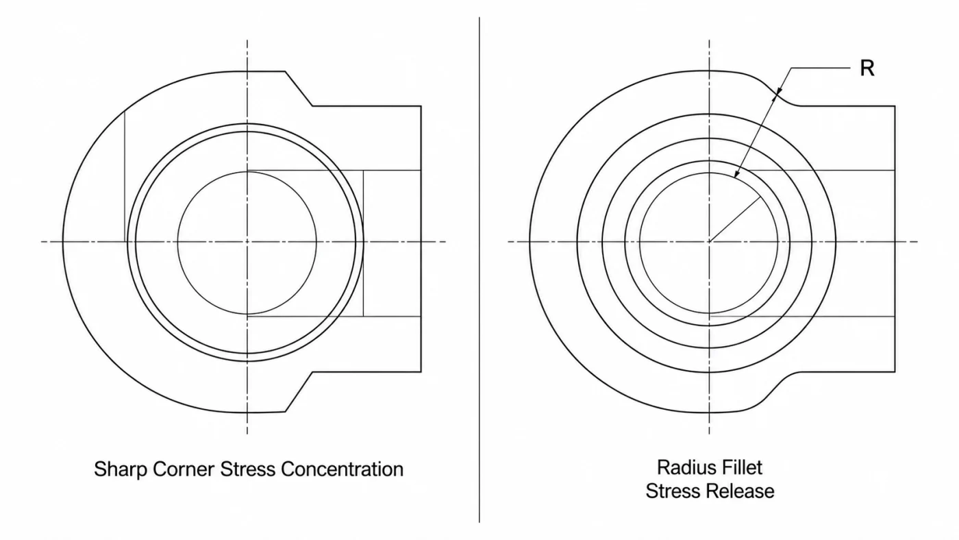 PMMA valve radius fillet stress release design for CNC machining