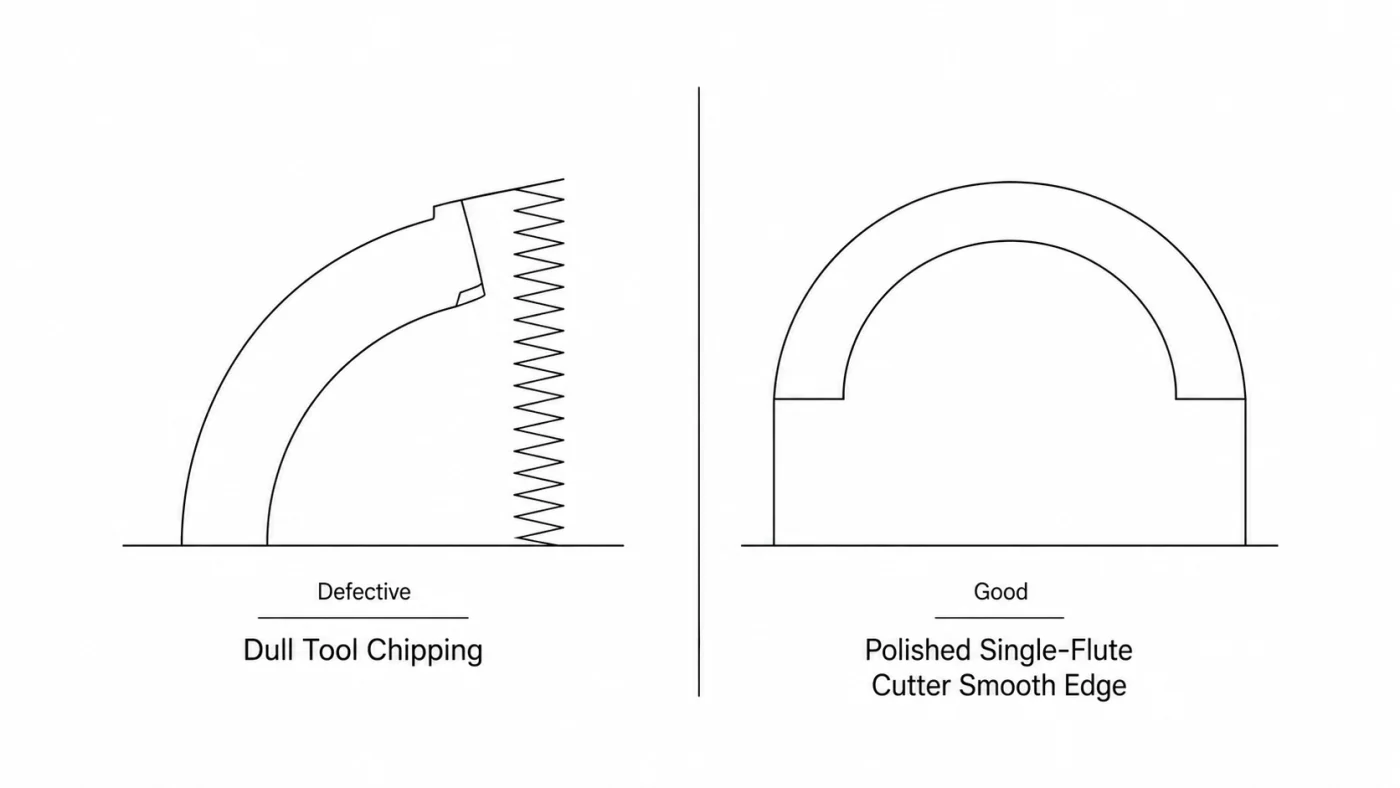 PMMA edge chipping comparison with polished single-flute cutter smooth edge