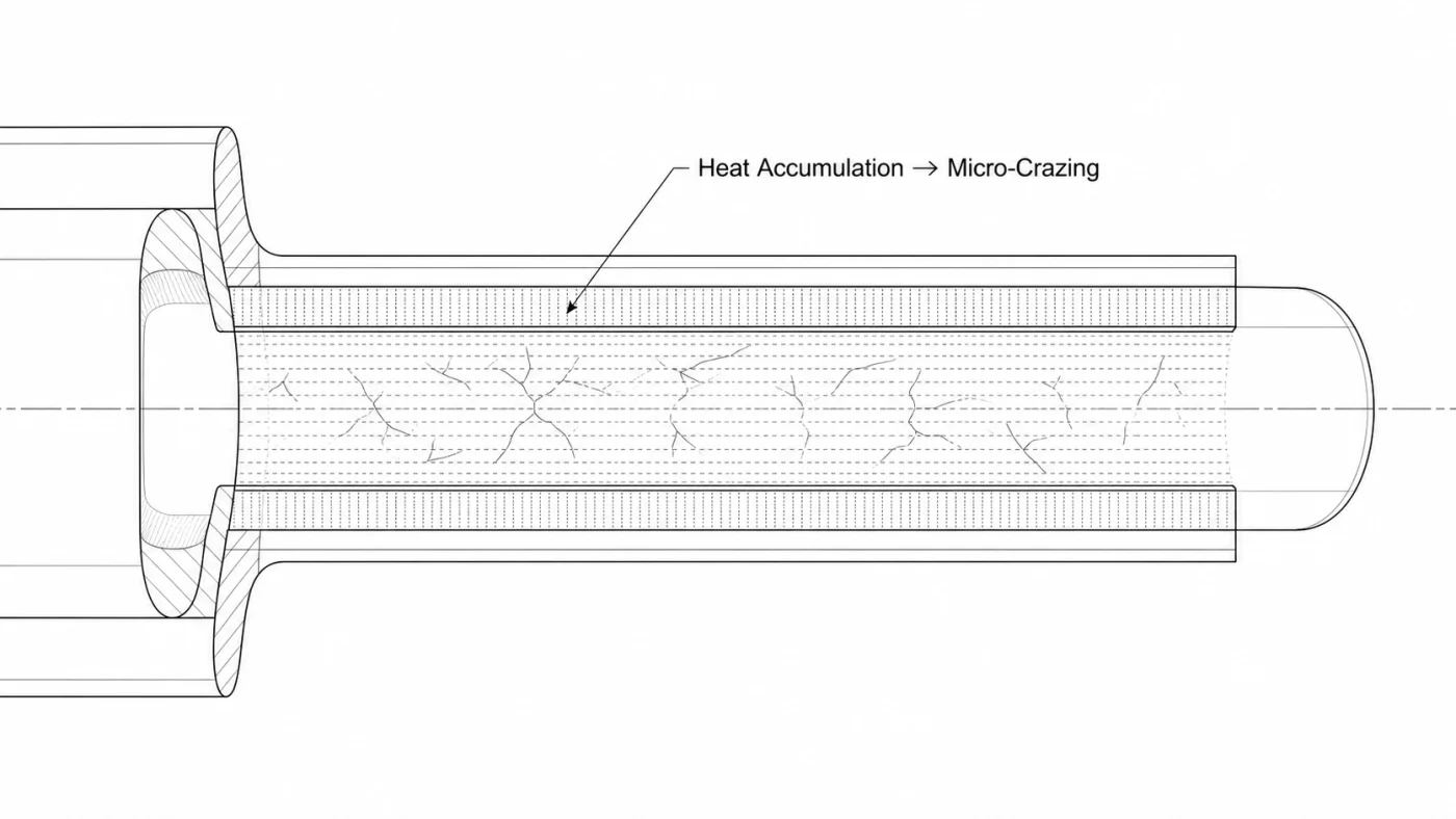PMMA valve heat accumulation causing micro-crazing in transparent flow channel