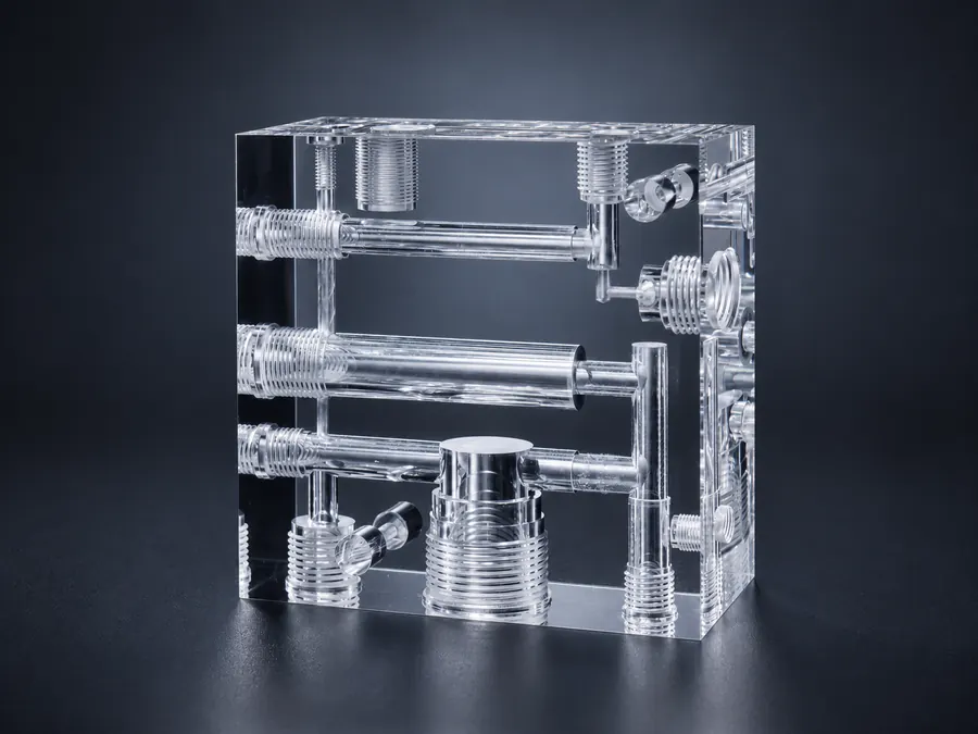 Transparent PMMA plastic valve bodies with machined flow paths