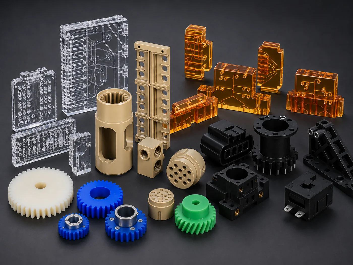 Engineering plastic CNC machined components collection including PMMA PEEK PAI and custom plastic parts