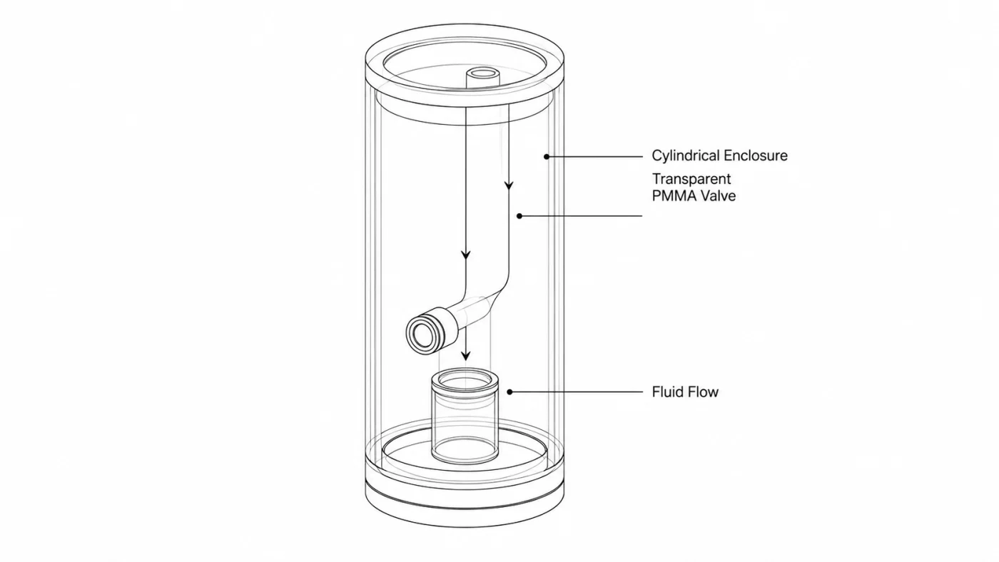 Transparent PMMA valve enclosure with fluid flow line drawing